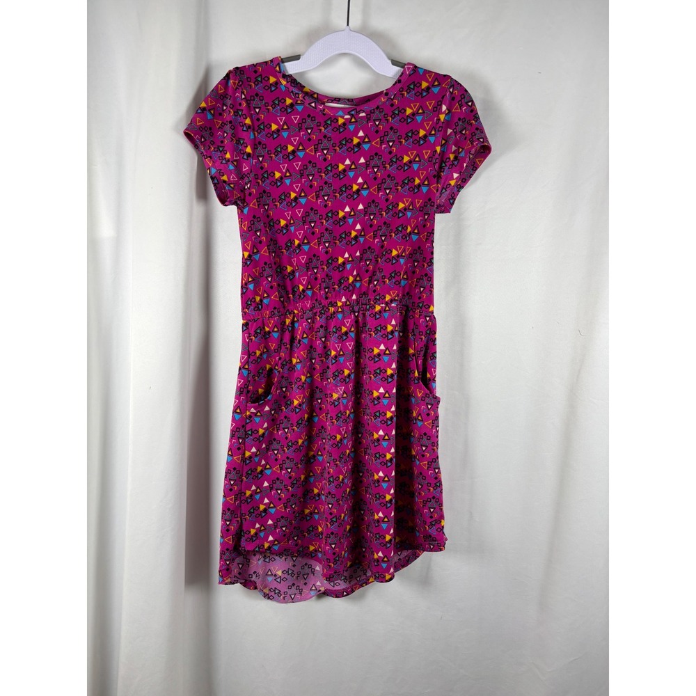 LuLaRoe Scarlett Girls Size 6 Magenta Pink Geometric Triangle High Low Dress